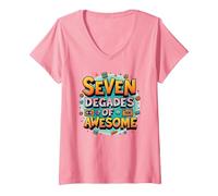 70° Compleanno Seven Decades of Awesome for Men Maglietta con Collo a V, Donna, Rosa, XXL