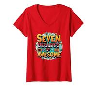 70° Compleanno Seven Decades of Awesome for Men Maglietta con Collo a V, Donna, Rosso, XL