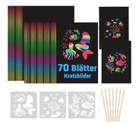 70 fogli di carta da grattare per bambini, carta arcobaleno con 7 matite in legno e 3 stencil da disegno, set di carta da grattare fai da te magico, set di carta da grattare per adulti, ragazzi e