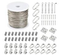 70 Pcs Kit Filo per Stendere 2mm, Filo Stendibiancheria per Esterno 7x7 PVC Coated con 4 Tenditori, 20 Manicotti, 4 Ganci Quadri, 4 Moschettoni, Tirante Cavo Acciaio per Tende Filo Acciaio Inox (2mm)