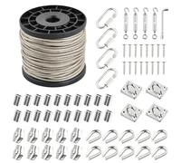 70 Pcs Kit Filo per Stendere 3mm, Filo Stendibiancheria per Esterno 7x7 PVC Coated con 4 Tenditori, 20 Manicotti, 4 Ganci Quadri, 4 Moschettoni, Tirante Cavo Acciaio per Tende Filo Acciaio Inox (3mm)