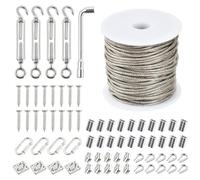 70 Pcs Kit Filo per Stendere il Bucato da Esterno, 7x7 PVC Coated, 30m Cavo Acciaio 2mm con Manicotti, Morsetti, Cappucci, Tenditori, Ganci, Moschettoni, Viti, Chiave Bussola, Tiranti per Filo Acciaio