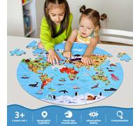 70 pezzi Puzzle Mappa del Mondo Animale, adatto per bambini da 3+ anni - Mappa del mondo rotonda educativa con continenti e animali selvatici - Cartone blu - Migliora la coordinazione mano-occhio, l'o