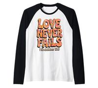 70s Christian Love Never Fails Bibbia Versetto Corinzi 13:8 Maglia con Maniche Raglan