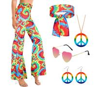 70s Costume Hippie Donna, Costume Carnevale Donna, Vestito Carnevale Costumi Halloween Adulto, 60s Disco Travestimenti Festa Accessori Set Pantaloni Collana Orecchini Occhiali Sciarpa (S, B)