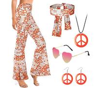 70s Costume Hippie Donna, Costume Carnevale Donna, Vestito Carnevale Costumi Halloween Adulto, 60s Disco Travestimenti Festa Accessori Set Pantaloni Collana Orecchini Occhiali Sciarpa (M, A)