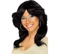 70s Flick Parrucca Lungo Nero Ondulato Donna Disco Accessorio Vestito 1970s