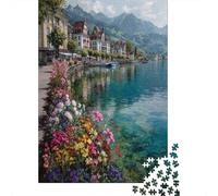 70x50cm/1000pcs Puzzle Per Adulti Case sul lago, acqua limpida del lago che riflette le montagne Donna Uomo Tavola Di Legno Ad Incastro Di Precisione