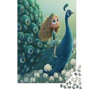 70x50cm/1000pcs Puzzle Per Adulti Ragazza che cavalca un enorme pavone Donna Uomo Tavola Di Legno Ad Incastro Di Precisione Field of White Fiores
