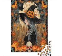 70x50cm/1000pcs Puzzle Per Adulti Scheletro Strega, SoleFiori And Autumn Leaves Donna Uomo Tavola Di Legno Ad Incastro Di Precisione