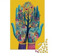 70x50cm/1000pcs Puzzle Per Adulti Una Coppia di mani che reggono un albero, illustrazione 2D colorata Donna Uomo Tavola Di Legno Ad Incastro Di Precisione