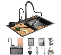 70x50CM Cascata Lavandino Cucina Lavello A Vasca Singola In Acciaio Inox Montato Su Top Lavello Nanorivestito Grigio Nero Lavandino Cucina Multifunzione Con Rubinetto Estraibile 3 In 1