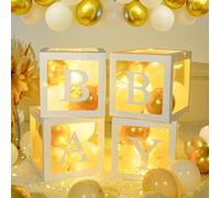 71 scatole per baby shower per ragazzo e ragazza, 4 luci a corda e 4 scatole trasparenti per palloncini con 33 lettere (uno + bambino + A-Z), 30 palloncini per feste (sabbia bianca e oro) scatola per