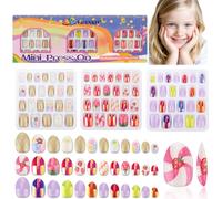 72 pièces d'ongles à coller pour enfants, EBANKU 3 paquets de faux ongles pour enfants rose violet or fraise fleur ongles à coller pour filles de 8 à 12 ans avec colle à ongles gelée