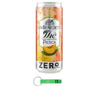 72 X San Benedetto Thè Pesca Zero, bibita rinfrescante analcolica, tè freddo con pesca senza zucchero, barattolo monouso da 330 ml + portachiavi Beni Culinari