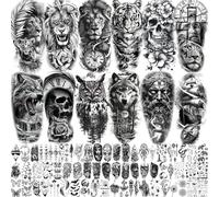 73 foglie di leone, tatuaggi temporanei da uomo e da donna, tatuaggi adesivi per adulti, Zeus Gesù Dio a mezza manica finto tatuaggio da donna uomo tigre lupo foresta fiore 3D nero gufo nave Halloween