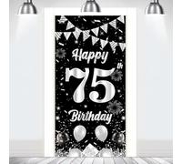 75. Striscione per compleanno, decorazione per porta, nero e argento, 75. Happy Birthday, decorazione per porta, poster fotografico, per donne, uomini, compleanni, feste, 180 x 90 cm