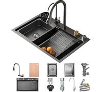 75 x 50 cm, lavello da cucina, a cascata, in acciaio inox, nero, grigio, 1 vasca, grande piano di lavoro, con rubinetto estraibile, 2 scolapiatti, tagliere, dispenser di sapone, lavastoviglie per