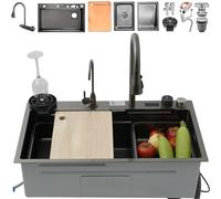 75x50cm Lavandino Cucina Cascata, Lavello Cucina, 1 Vasche In Acciaio Inox Nero, Con Rubinetti Estraibili Dispenser Sapone E Tagliere E Scolapiatti E Scarico