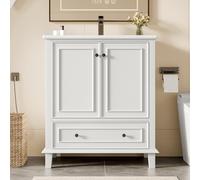 76 x 46 x 87 cm Armadietto da pavimento con lavabo, lavabo, gambe in legno massello, materiale MDF, resistente all'umidità e all'acqua, ampio spazio di archiviazione, lavabo in ceramica integrato