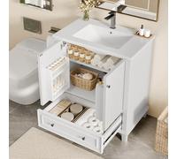 76 x 46 x 87 cm Armadietto da pavimento con lavabo, lavabo, gambe in legno massello, verniciatura completa, impermeabile e impermeabile, ampio spazio di archiviazione, lavabo in ceramica integrato