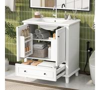 76 x 46 x 87 cm Armadietto da pavimento con lavabo, lavabo, gambe in legno massello, verniciatura completa, impermeabile e impermeabile, ampio spazio di archiviazione, lavabo in ceramica integrato