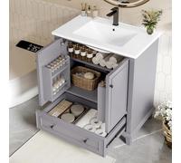 76 x 46 x 87 cm Armadietto da pavimento con lavabo, lavabo, gambe in legno massello, verniciatura completa, impermeabile e impermeabile, ampio spazio di archiviazione, lavabo in ceramica integrato