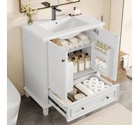 76 x 46 x 87 cm, mobile da bagno, lavabo da pavimento, gambe in legno massiccio, impermeabile e impermeabile, lavabo in ceramica integrato (bianco)