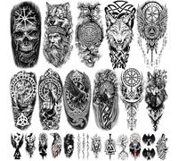 77 fogli di tatuaggi temporanei vichinghi per adulti, tatuaggi celtici nordici, tatuaggi finti tribali totem per costumi vichinghi, tatuaggi finti norreni Yggdrasil Valknut per donne e uomini.