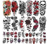 77 Tatuaggi Temporanei Fiori e Teschi per Donne Uomini, 17 Gotici Mezzo braccio con Farfalle, 60 Adesivi Realistici Tatuaggi Finti per Halloween Adulti Bambini