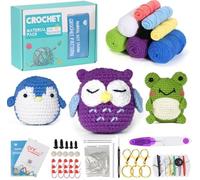 7CDXD 3 Pezzi Kit Uncinetto per Principianti Set Uncinetto Completo con Filo, Accessori e Tutorial Video - Ideale per Adulti e Bambini - Creazione di Peluche (Rana, Pinguino, Gufo)
