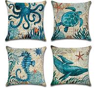 7COLORROOM - Federa decorativa quadrata in cotone e lino, motivo marino, 40,5 x 40,5 cm, 4 confezioni da 4 federe per cuscini nautici (tartaruga marita)