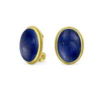 7Ct Oval Cabochon Oval Blue Lapis Azul Rope Cable Bezel 14K Gold Plated .925 Sterling Silver Clip On Earrings For Women Clip Only Is Alloy