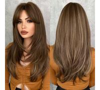 7JHH WIGS Parrucca da donna con frangia, biondo miele, lunga a gradini, in fibra sintetica resistente al calore, per uso quotidiano