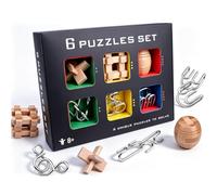 7JI 6 Pezzi Rompicapo in Metallo e Puzzle in Legno, 3D IQ Test Giocattoli | Giochi di Logica Metallo Filo Puzzle Legno Giocattolo Gioco di Pensiero, Educativi Regali per Bambini Adolescenti & Adulti