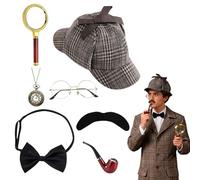 7PCS Accessori per Costume da Detective, Accessori per Costume da Sherlock Holmes, Accessori per Travestimento da Detective con Cappello da Detective Occhiali Baffi Finti per Carnevale Cosplay