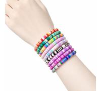 7pcs Bohemia Polymer Clay Beaded Bracelets, Colorful Surfer Stretch Stackable For Women Summer Beach Jewelry, Rainbow Friendship Layering Preppy Boho Gift