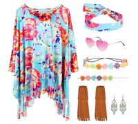 7PCS Costume Hippie Donna, Accessori Anni 70 Donna Con Orecchini Collana Occhiali Bracciale Fascia Per Capelli Mantello Tie-Dye Stivaletto, Set Di Costumi Hippie Per Festa Retrò Carnevale Halloween