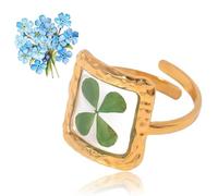 7PCS Stainless Steel Gold Eternal Flower Ring, Handmade Dried Flower Statement Ri ng, Dried Flo wer Ring for Women, 18k Gold Plated Adjustable Pressed Blossom Flowers Open Band Rings (DD)
