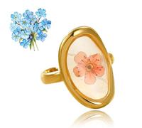 7PCS Stainless Steel Gold Eternal Flower Ring, Handmade Dried Flower Statement Ri ng, Dried Flo wer Ring for Women, 18k Gold Plated Adjustable Pressed Blossom Flowers Open Band Rings (EE)
