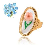 7PCS Stainless Steel Gold Eternal Flower Ring, Handmade Dried Flower Statement Ri ng, Dried Flo wer Ring for Women, 18k Gold Plated Adjustable Pressed Blossom Flowers Open Band Rings (BB)