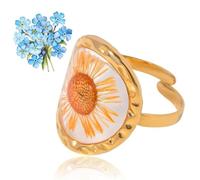 7PCS Stainless Steel Gold Eternal Flower Ring, Handmade Dried Flower Statement Ri ng, Dried Flo wer Ring for Women, 18k Gold Plated Adjustable Pressed Blossom Flowers Open Band Rings (AA)