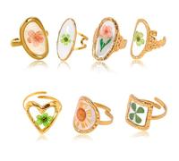7PCS Stainless Steel Gold Eternal Flower Ring, Handmade Dried Flower Statement Ri ng, Dried Flo wer Ring for Women, 18k Gold Plated Adjustable Pressed Blossom Flowers Open Band Rings (7PCS)