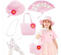 7Pieces 50s moda tè partito vestito costumi cappello piccolo e guanto di pizzo e imitazioni collana di perle set per ragazze tè moda vestito da partito costume