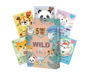 7th Heaven Go Wild Animal Face Sheet Mask Gift Set - 5 divertenti maschere idratanti per bambini con cocco, Apple, Aloe & Banana - Gentle on Sensitive Skin, Perfect for Sleepovers & Party Bags