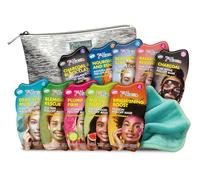7th Heaven 'Pamper and Party' Set di maschere per il viso: 10 maschere per il viso idratanti e detergenti, una borsa per cosmetici argentata e un panno morbido. (Confezione da 12)