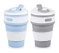 7WUNDERBAR - Tazza da viaggio pieghevole, 2 pezzi, pieghevole, in silicone con coperchio, riutilizzabile, per campeggio, escursioni, viaggi, picnic (350 ml)