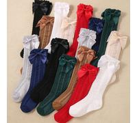 8/1 2 pezzi/set Calze da danza lunghe oltre il ginocchio con decorazione a fiocco per bambine, colore casuale, design unico e alla moda con bordo in pizzo ampio, non stringenti, adatte per bambine da 