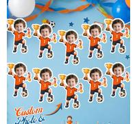 8/12/16 pezzi Striscione personalizzato con foto e testo di ragazzo calciatore, striscione appeso personalizzato di ragazzo in divisa da calcio arancione che tiene un trofeo per compleanno a tema calc