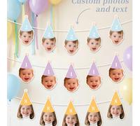 8/16/24 pezzi Striscione di compleanno personalizzato con foto e testo, striscione personalizzato con volto di bambino e età, decorazione per feste personalizzata per il 1°/2°/3° compleanno 15 pezzi,1